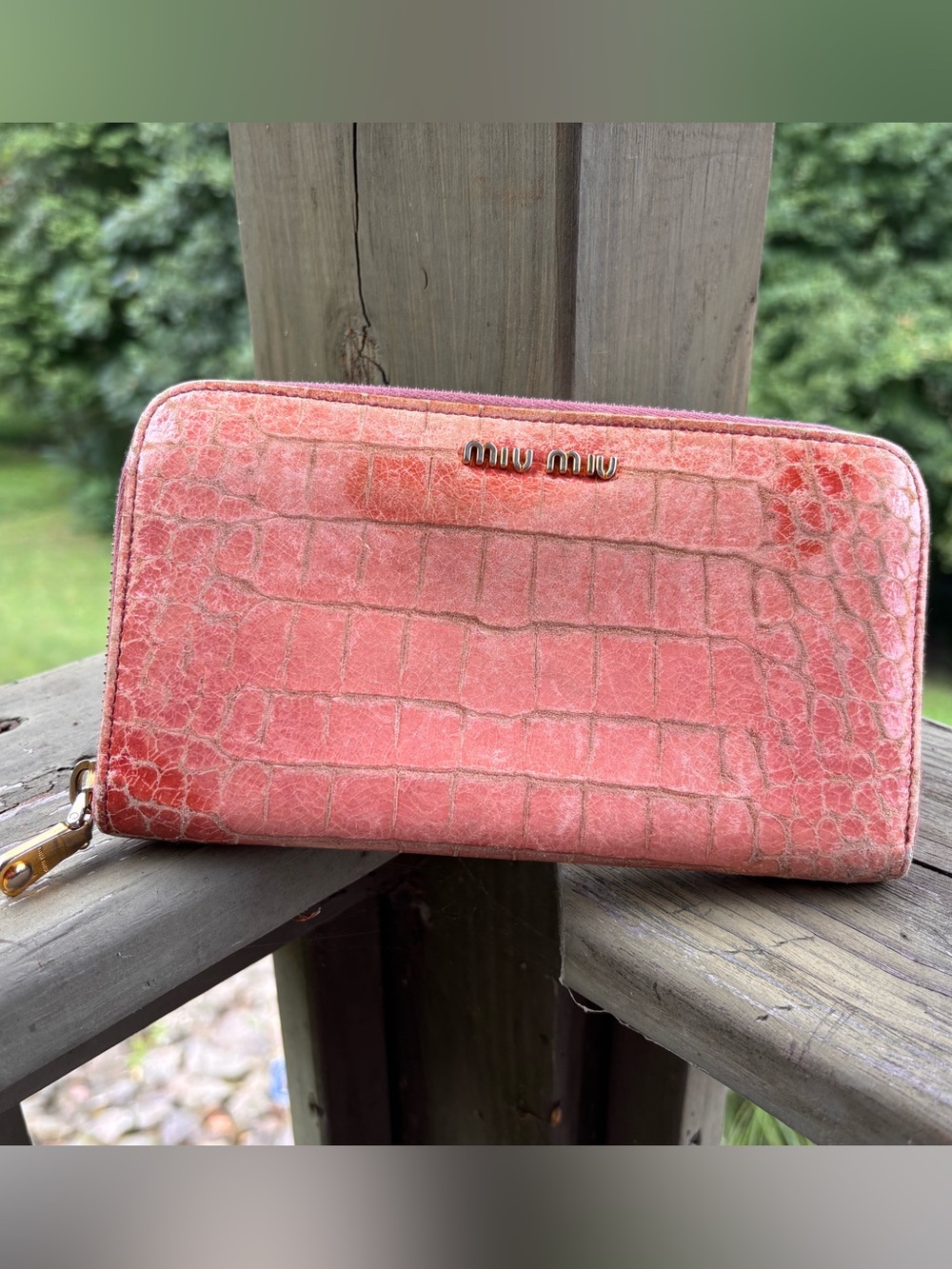 Miu Miu Coral Pink Croc-Embossed Zip Around Wallet